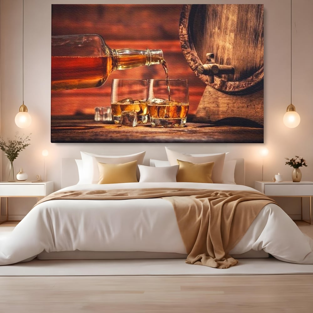 Tablou canvas cu tablou canvas cu whisky si butoi lemn, fara rama, pe sasiu de lemn, pe perete intr-un dormitor